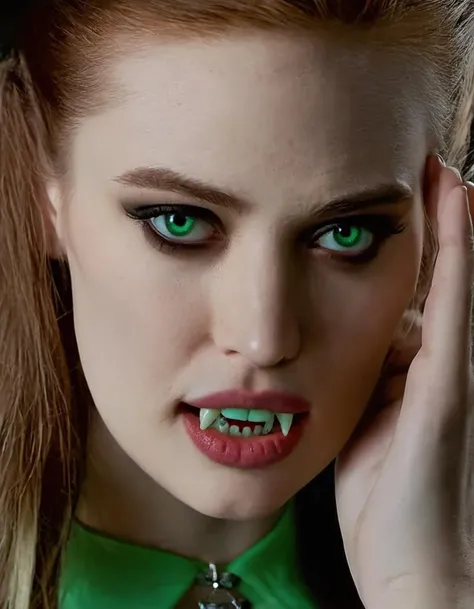 closeup portrait <lora:Jessica Hamby:0.9> jessica hamby, showing (vampire fangs:1.1) , 1girl, white shirt with green logo, mole, parted lips, portrait, realistic, solo