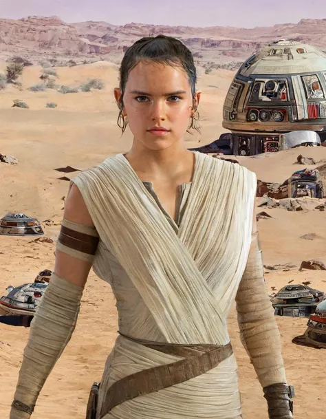 <lora:greg_rutkowski_xl_2:0.9> <lora:Rey:1.1> (sksjedi:1.2), 1girl, tunic, masterpiece, best quality, greg rutkowski, desert, 1girl, depth of field, lips, looking at viewer, nose, parted lips, realistic, sksjedi, solo, spacecraft, squatting, teeth, upper body, very short hair , very detailed, high resolution, sharp, sharp image