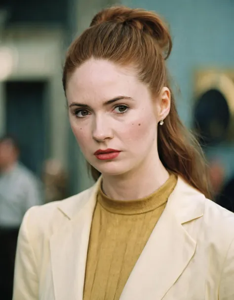 analog style portrait of an (ohwx woman) <lora:gillan_lora_sdxl_v1-000008:1> , wes anderson movie, still from stanley kubrick movie