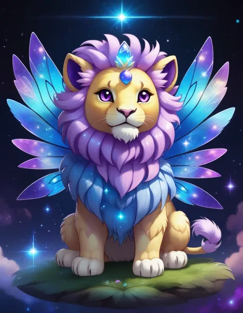 a fantasy hybrid creature,chibi adorable fairy lion, pokemon, fakemon, symmetrical wings, nebula, sparkling colors, purple and blue, highly detailed, beautiful lighting, ethereal, mystical, 8k, vibrant colors, beautiful backlighting,<lora:FaeStyle:1>