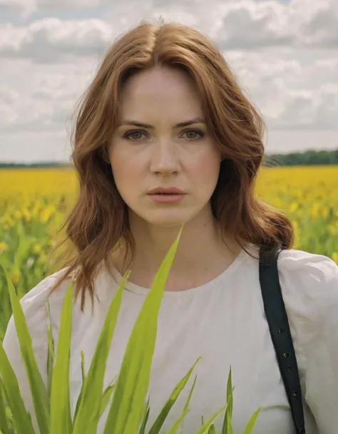 RAW candid cinema, (ohwx woman) <lora:gillan_lora_sdxl_v1-000008:1> portrait in a field, 16mm, ((remarkable color)), (ultra realistic)