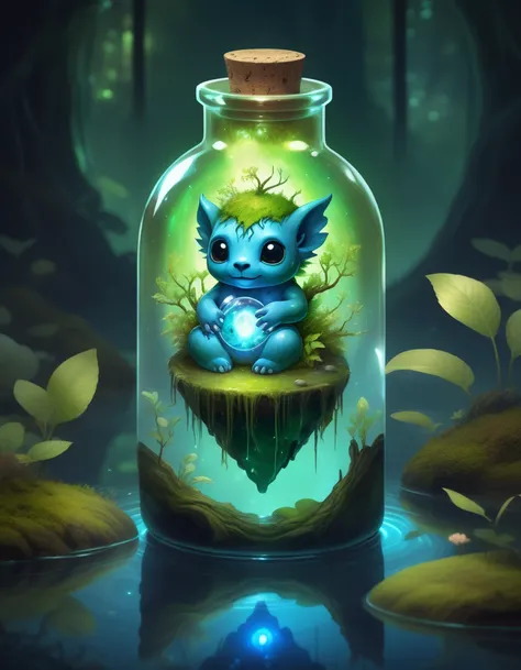 micro, whimsical art, high-quality digital fantasy image of a trapped earth spirit inside a magical glass bottle, floating in a pond, science fiction, cute, glowing magical, adorable, digital art, <lora:FaeStyle:1>,
