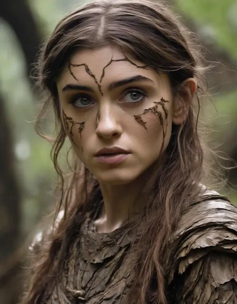 A closeup portait of (ohwx woman) <lora:dyer_lora_sdxl_v1-000008:1>  an ancient druid made of bark, she live hidden in the vegetation of a forgotten forest, highly detailed painting, by Artgerm and Raphael Lacoste