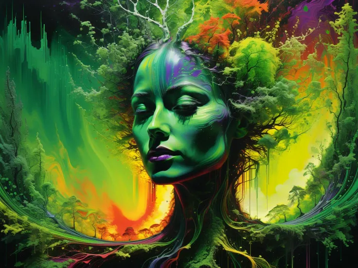 woman covered in plants, covered in plants and leaves, fused with nature, force of nature, long green hair, medium breasts, perfect ass, moves through the dirty and dark waters of a swamp with sinister vegetation, very sexy and erotica. ,(art inspired by Bill Sienkiewicz). oil painting) (best quality, 4k, 8k, high resolution, masterpiece: 1.2)
