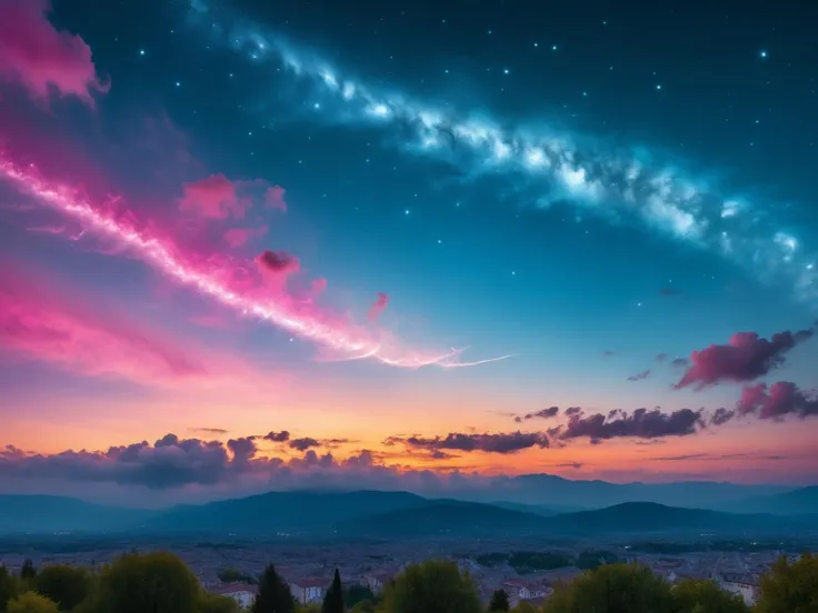 Enchanting, vast, (fiery magenta and icy blues), (a breathtaking piece of Renaissance Skywriting, The Celestial Chronicler), heavens scripted with legends, constellations that narrate:2.8 man:0.6, indigo:0.5 sage, cloud cloak, meteoric:2.2, celestial tales inked in meteor showers, stardust and sonnets, (cerulean and scintillating silver tones:1.9) luminous lexicon, bard, neoclassical, radiant tales, autochrome, autochrome photography, film, photo realism, DSLR, 20k uhd, hdr, skyward splendor, museum standard, twinkling typography.
<lora:xl_more_art-full_v1:1>