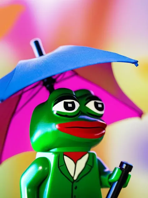 <lora:lego_v2.0_XL_32:0.8>,LEGO MiniFig,a photo of (pepe_frog),holding an umbrella,bokeh forest background, close-up, <lora:pepe_frog SDXL:1>,
