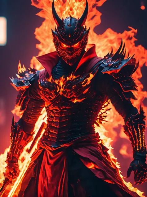 Black Japanese "dragon" armor with red details, black armor, red detailing, "scarf", "man". cool drago mask