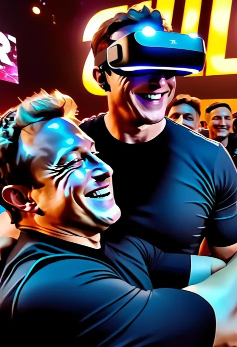 Elon Musk embracing Mark Zuckerberg, wearing VR headsets, cyberpunk 2077 birthday party