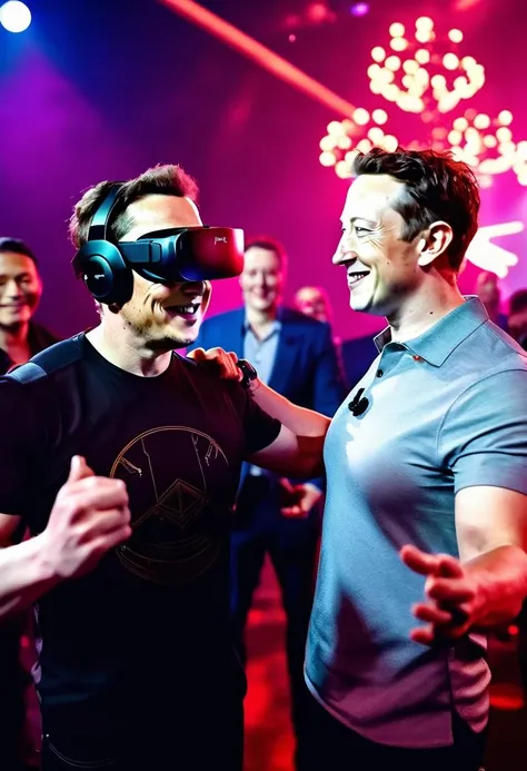 Elon Musk embracing Mark Zuckerberg, wearing VR headsets, cyberpunk 2077 birthday party