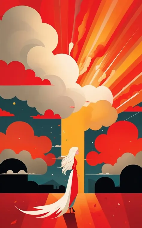 (ch:1.05), (2d illustration by Mary Blair:1.05), happy and stylish gorgeous young russian woman with absurdly long platinum-blonde hair, standing, solo, cloud, red sky, the golden hour, Explosion Artstyle, <lora:chahua:0.99>, <lora:Effect__Explosion Artstyle - Trigger is Explosion Artstyle:0.75>