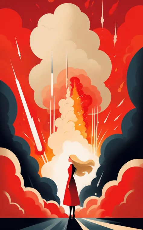 (ch:1.05), (2d illustration by Mary Blair:1.05), stylish gorgeous young russian woman with absurdly long blonde hair, standing, solo, cloud, red sky, Explosion Artstyle, symbolism, dramatic, professional graphic design layout, nuclear blast, <lora:chahua:0.99>, <lora:Effect__Explosion Artstyle - Trigger is Explosion Artstyle:0.75>, <lora:__more_art-full_v1:0.3>