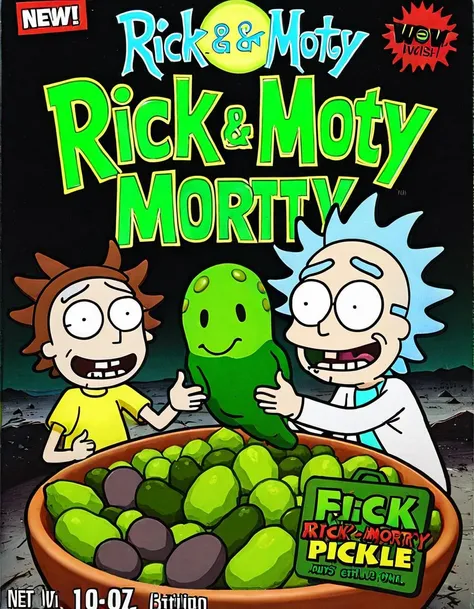 <lora:cereal_box_sdxl_v1:0.8>,Rick and Morty,pickle