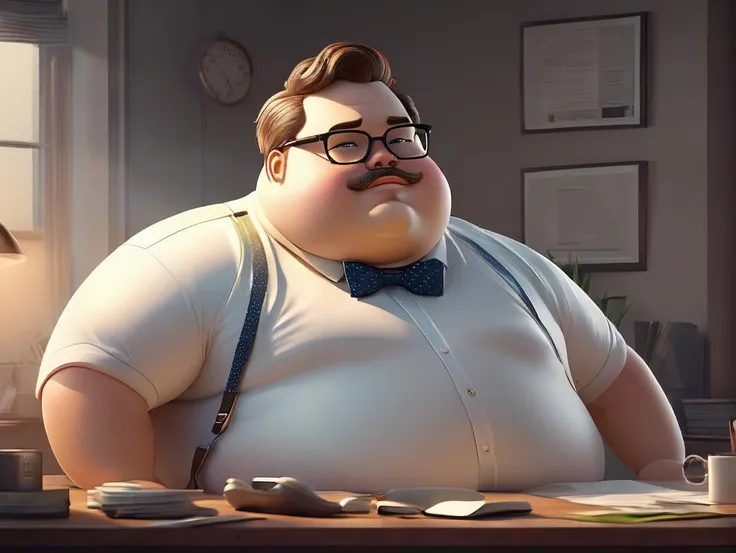 advertising poster style, a lewd fat man with short messy hair, wearing glasses and shirt with bowtie, nose blush, half-closed eyes, open mouth, lying on the desk, spreading legs, in a dark room, natural light, Adobe Light front view, solo, sfw <lora:[XL]fat:1> , Professional, modern, product-focused, commercial, eye-catching, highly detailed