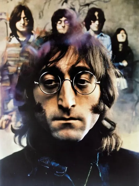 double exposure, Portrait of John Lennon, a band is playing over his head, <lora:SDXL_double_exposure_Sa_May:0.8>,
