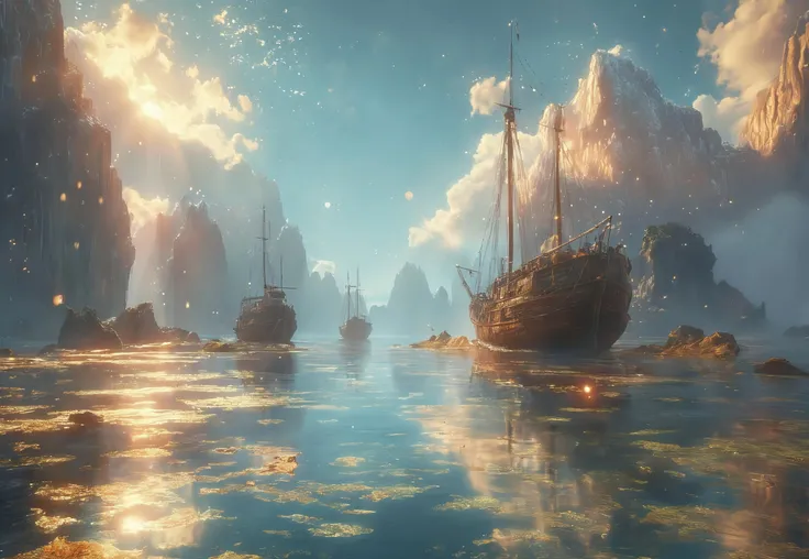 city underwater, blue atmosphere, rays of light shining through, highly detailed oil painting, unreal 5 render, rhads, Bruce Pennington, Studio Ghibli, tim hildebrandt, digital art, octane render, beautiful composition, trending on artstation, award-winning photograph, masterpiece <lora:MJ52:0.5> <lora:add-detail-xl:1>a long bay, at night, iconic limestone karsts emerging from the tranquil waters, sail boats, moonlight, quaint, serene, mythical, mystical, picturesque, exceptionally beautiful, ultra detailed, 8k, uhd