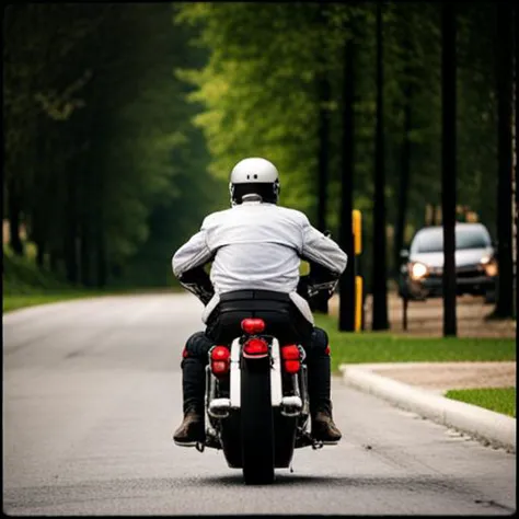 a biker has ((a cup of coffee)) on his motorcycle.
long shot, real