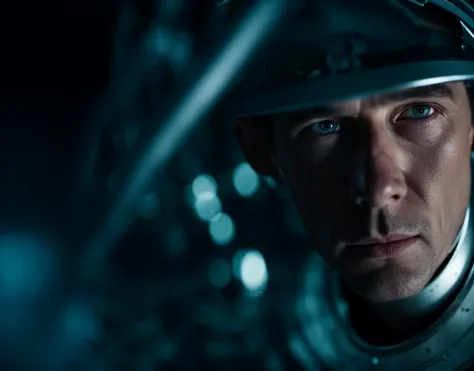 (Raw, Analog), (gritty sci-fi style), ((Close-up of a (((male)))+++ working within a huge spaceship)), depth, cables, pipes, ((film grain, hyper detailed skin, 8k, shot on Leica M6,)) cinematic, body horror, maximum detail, soft lighting,