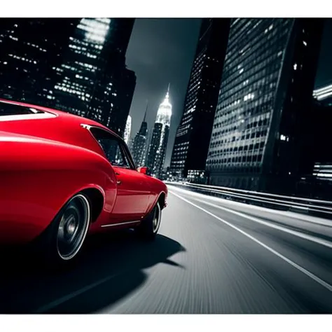 a vintage red sport car with 2 black line on its body going fast in the newyork streets at the night