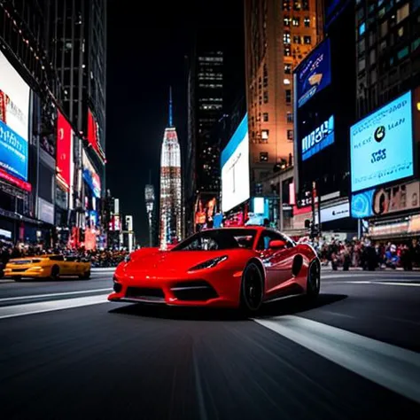 a red sport car with 2 black lines on its body going fast in the crouded newyork streets at the night and 2 cops are following. wide shot