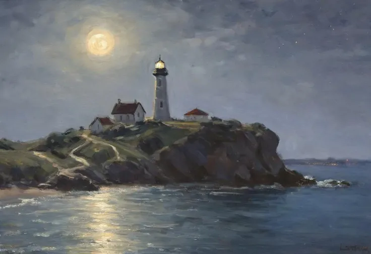 bichu, oil painting, <lora:oil painting.safetensors:1.0>, A High resolution oil painting, visible brushstrokes, masterpiece, a moonlit beach with gentle waves lapping the shore, a lighthouse in the distance, and the full moon casting a silver glow on the water, in the style of John Stanley, midnight blue and silver <lora:EldritchImpressionismXL1.5:1>