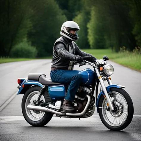 a biker has ((a cup of coffee)) on his motorcycle.
long shot, real