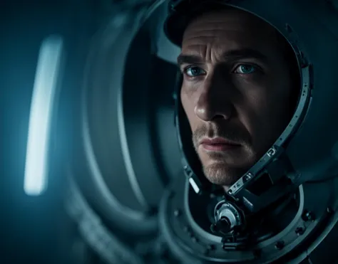 (Raw, Analog), (gritty sci-fi style), ((Close-up of a (((male)))+++ working within a huge spaceship)), depth, cables, pipes, ((film grain, hyper detailed skin, 8k, shot on Leica M6,)) cinematic, body horror, maximum detail, soft lighting,