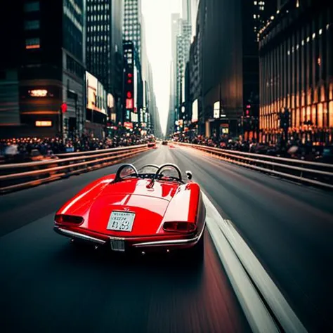 a vintage red sport car with 2 black line on its body going fast in the newyork streets at the night and the cups are following, long shot