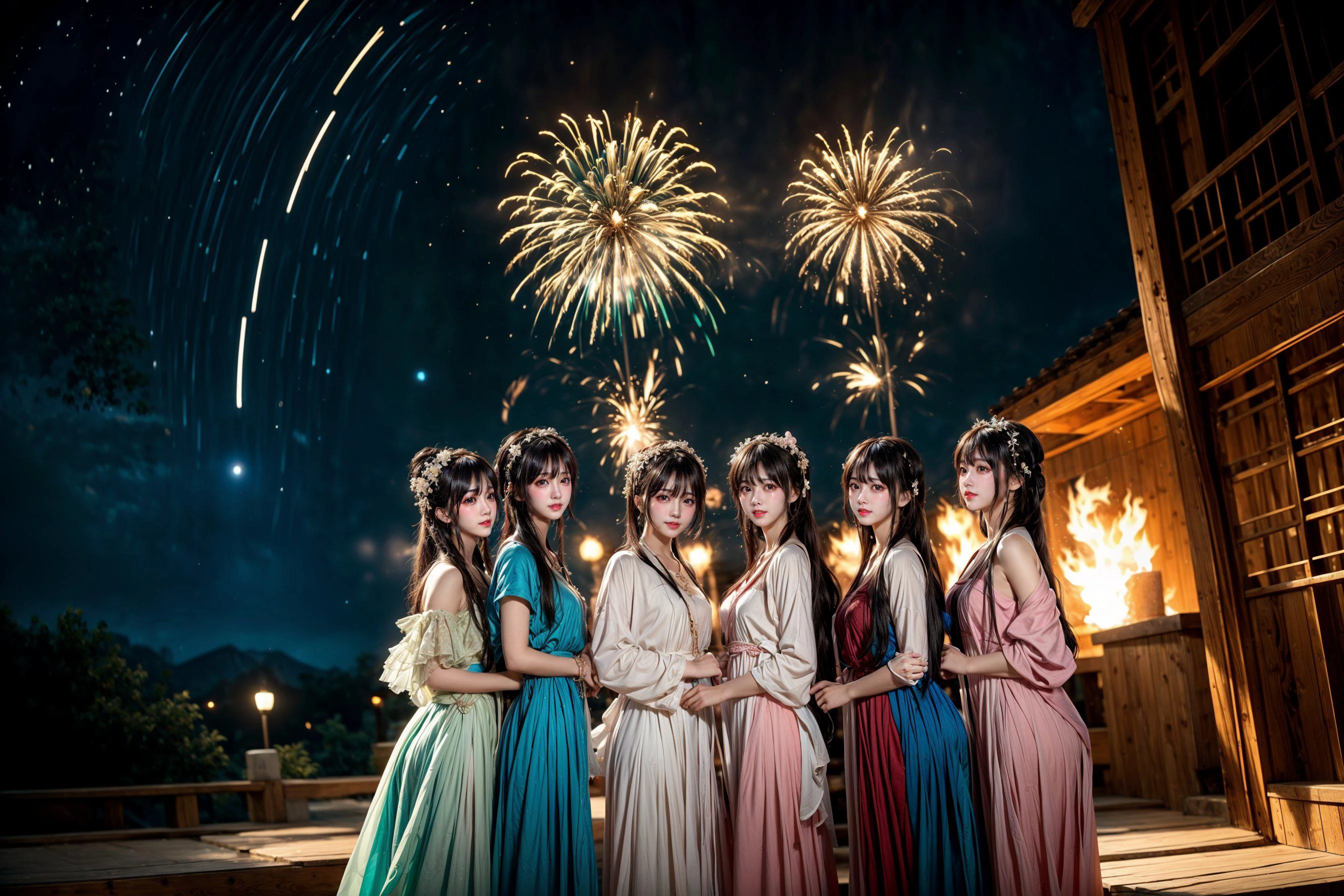 ((cloudy,cinematic lighting,bokeh )),
((multiple girls)),peach blossom,flowers,flower crown,
,
((sunset and night,star_trail),moon,meteor) BREAK ((cloudy,cinematic lighting,bokeh )),
((multiple girls)),peach blossom,flowers,flower crown,
,
fireworks,water and fire,( hard light:1.8),<lora:yuzuv10:0.5>,<lora:add_detail:0.2>,
((line up,standing,multiple girls,6+girls,looking at viewer,<lora:harem_4:0.1>)),