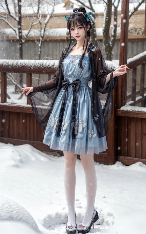 realistic,photorealistic,masterpiece,1girl, black hair, dress, butterfly, bug, long hair, hair ornament, hair bun, solo, snow, snowing, blue dress, flower