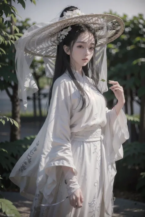 1girl, white_veil_hat, masterpiece, 8k, best quality, photorealistic,black_hair, long_hair, long_sleeves, looking_at_viewer, solo, white_shirt,