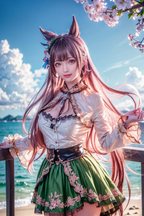 (best quality),[masterpiece],((beautiful:0.75) cute girl:0.75),(EOS R8,50mm,F1.2,8K,RAW photo:1.2),Professional,ultra-fine painting,1girl,long hair,outdoors,(front:1.3),cloud,sky,seaside background,(standing:1.3),
<lora:add_detail:0.8>, <lora:Pretty Derby_20230815161802:0.75> Pretty Derby,horse ears, green skirt, satono diamond \(umamusume\),