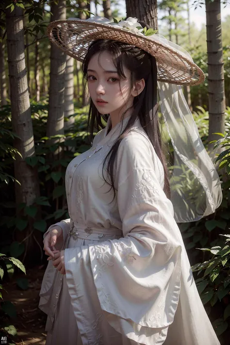 1girl, white_veil_hat, masterpiece, 8k, best quality, photorealistic,black_hair, long_hair, long_sleeves, looking_at_viewer, solo, white_shirt, (big breasts:0.7),
outdoors,(((forest))),dark light,((dawn)),(dense vegetable),((bush)), big trees,
