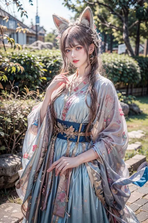 <lora:çç¸å°å¥³:0.5>,(face lighting:0.8),bright backlight,medium breasts,super high resolution,best quality,Photos,4k,(Realistic:1.2),fox_ears,1girl,bangs,blue eyes,earings,floral print,flower,glowing weight,standing,hanfu,