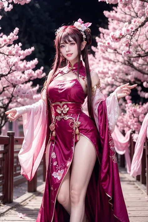 <lora:girl_6:0.8>,super high resolution,best quality,(solo:1.4),4k,pink eyes,1girl,pink hair,hair flower,pointy_ears,long hair,hair_ornament,chinese clothes,smile,look at the audience,thigh,standing,cherry_blossoms,