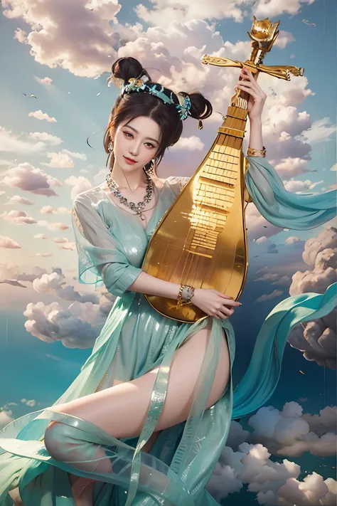 masterpiece, 1girl, tease, 8k, best quality, super detail, high quality, best quality, high details,(photo realistic:1.4), raw photo,realistic shadow, detailed skin texture,best _lipgloss,(((curvy))),(large breasts:1.2), (half-closed eyes:1.2), bare navel, breast wrapping,china dress, long sleeves, (cyan dress:1.25), (phoenix coronet) (dudou), (sarash:1.3),jewelry
jade bracelet, jade necklace, golden earrings, silk ribbon,cloud, cloudy sky, (blue sky), (cloud background),above clouds, sitting on cloud