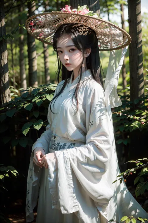 1girl, white_veil_hat, masterpiece, 8k, best quality, photorealistic,black_hair, long_hair, long_sleeves, looking_at_viewer, solo, white_shirt, (big breasts:0.7),hanfu,
outdoors,(((forest))),dark light,((dawn)),(dense vegetable),((bush)), big trees,