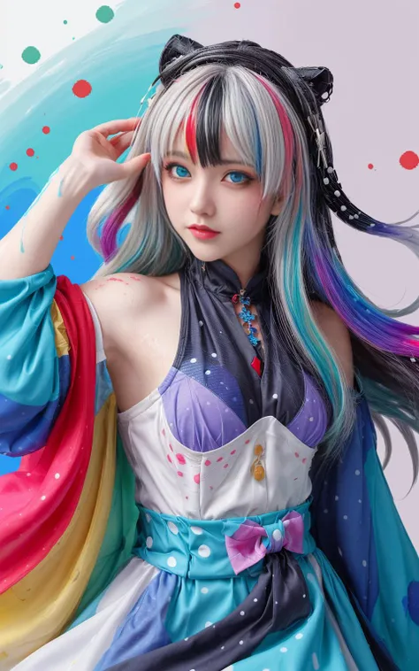 (((masterpiece))),(((best quality))),((ultra-detailed)),(illustration),(dynamic angle),((floating)),(paint),((disheveled hair)),(solo),(1girl), loli, ((small_breasts)), (((detailed anima face))),((beautiful detailed face)),collar,bare shoulders,white hair, ((colorful hair)),((streaked hair)),beautiful detailed eyes,(Gradient color eyes),(((colorful eyes))),(((colorful background))),(((high saturation))),(((surrounded by colorful splashes))),(((surrounded by colorful dot))),colorful bubble,((shining))