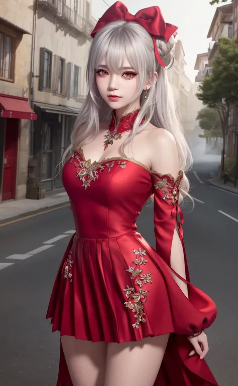 realistic,photorealistic,masterpiece,best quality,1girl,solo,(standing in street),looking at viewer,((masterpiece)),((best quality)),((official art)),(extremely detailed CG unity 8k wallpaper),((highly detailed)),((a girl)),(single),staring,fairy,hair_ornament,(very long hair),(messy_hair),bare shoulders,ribbon,hairs between eyes,beautiful detailed sky,close-up,arms behind back,thighs,mist-shrouded,chinadre,overexposure,solo,incredibly_absurdres,intense angle,pleated dress,single hair bun,white_hair,red_eyes,eyeshadow,eyeliner,eyes visible through hair,ribbon-trimmed sleeves,