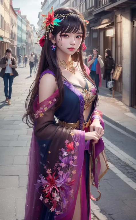 realistic,photorealistic,masterpiece,best quality,1girl,solo,(standing in street),looking at viewer,(long hair),(hair ornament:1.4),(focus on),(((colorful))),Masterpiece,best quality,beautifully painted,highly detailed,(denoising:0.6),highly,detaild,(masterpiece, best quality, extremely detailed CG unity 8k wallpaper,masterpiece, best quality, ultra-detailed),(Lycoris radiata),