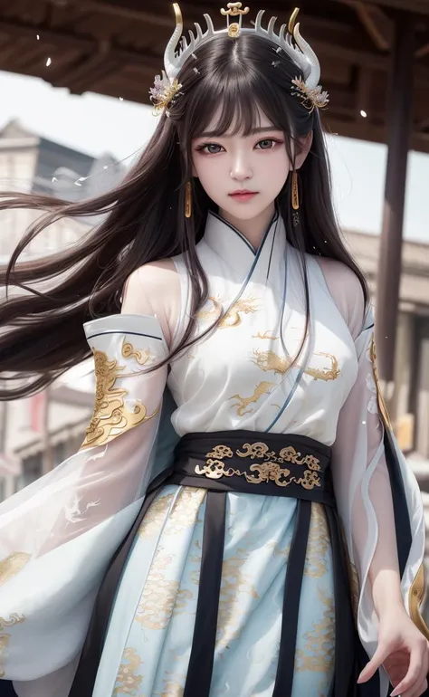 realistic,photorealistic,masterpiece,best quality,1girl,solo,(standing in street),looking at viewer,(masterpiece),(best quality),(super delicate),(extremely delicate and beautiful),(dynamic angle),white and black highlights,(Legendary Dragon Queen:1.3) (1 girl),Hanfu,(complex details) (beautiful and delicate eyes),golden eyes,delicate face,upper body,messy floating hair,messy hair,focus,perfect hands,(fantasy wind),