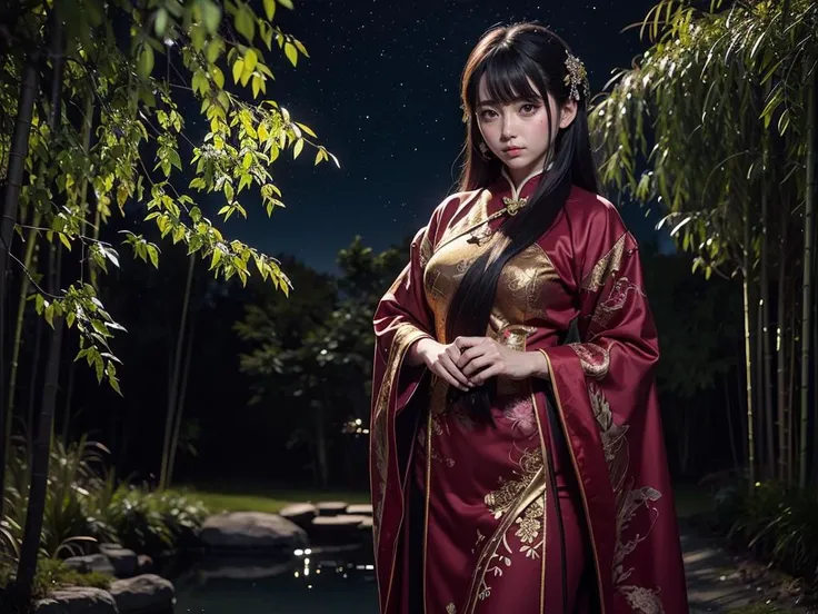 (best quality:1.4),(masterpiece:1.4), (detailed:1.3) portrait, (1girl_solo:1.1) wearing chinese clothes,  stands under the glow of the full moon, she plays a melancholy tune on a bamboo flute while fireflies drift around her. The camera dollies in for a close-up of the serene musician against a backdrop of a willow tree, its flowing branches framing her silhouette. An ancient Chinese courtyard illuminated by lanterns, radiant colors, impressionistic style, dreamy and whimsical. On the right side of the frame, an ancient gnarled pine tree stands, roots half-exposed, silhouetted against the night sky <lora:LowRA:0.5> <lora:Color101-v0.1.vae:0.5> <lyco:GoodHands-beta2:0.5>