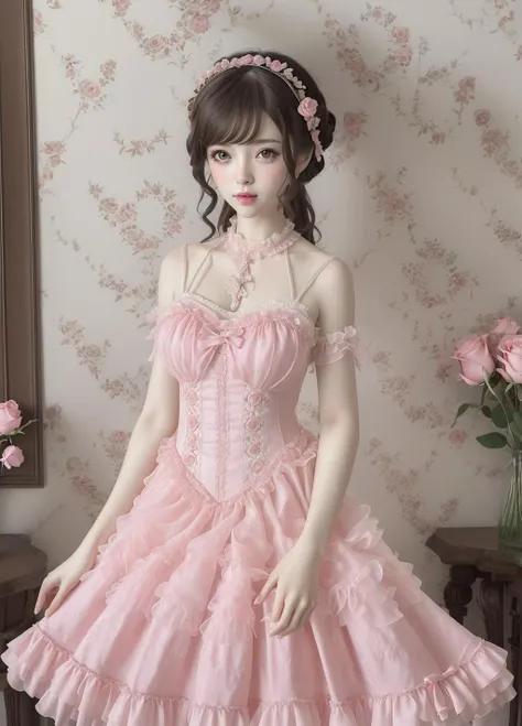 best quality,masterpiece,illustration,an extremely delicate and beautiful,extremely detailed,CG,unity,(1girl:1.2),lolita1,<lora:lolita1-v1:0.7>,pink dress,rose, flower,