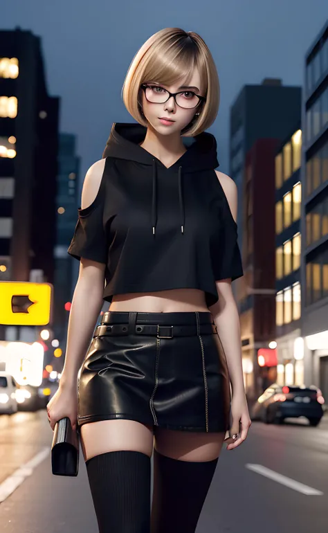 1girl, cowboy shot, standing, short hair, bob cut, blonde hair, brown eyes, black glasses, black hoodie, short sleeves, shoulder cutout, black miniskirt, black thighhighs, bare shoulders, outdoors, city, street, night, night sky