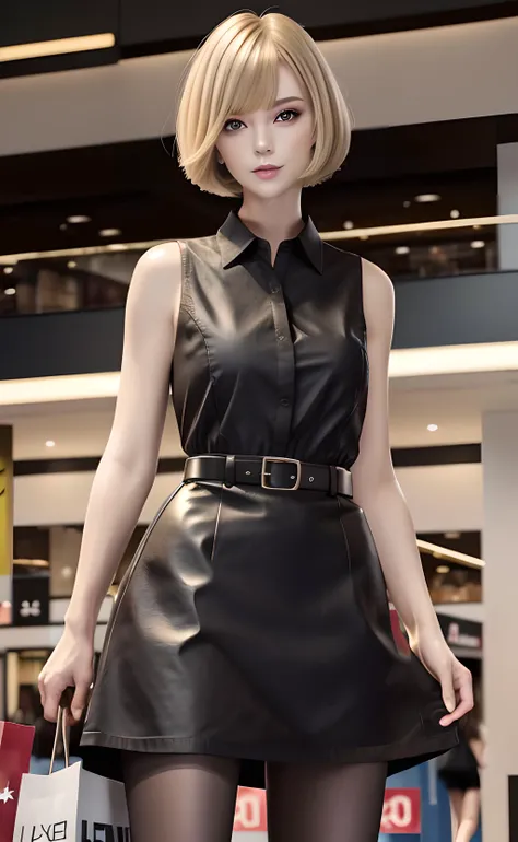 1girl, cowboy shot, standing, short hair, bob cut, blonde hair, brown eyes, black dress, collared dress, sleeveless dress, black pantyhose, bare shoulders, bare arms, indoors, shopping mall