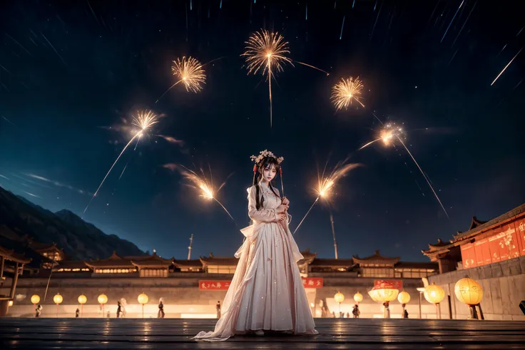 ((chinese city,forbidden city,cloudy,cinematic lighting,bokeh )),
((multiple girls)),peach blossom,flowers,flower crown,
BREAK
(sunset and night,star_trail),moon,meteor BREAK
fireworks,water and fire,( hard light:1.8),<lora:yuzuv10:0.5>,<lora:add_detail:0.2>,
((line up,standing,multiple girls,6+girls,looking at viewer,<lora:harem_4:0.1>)),