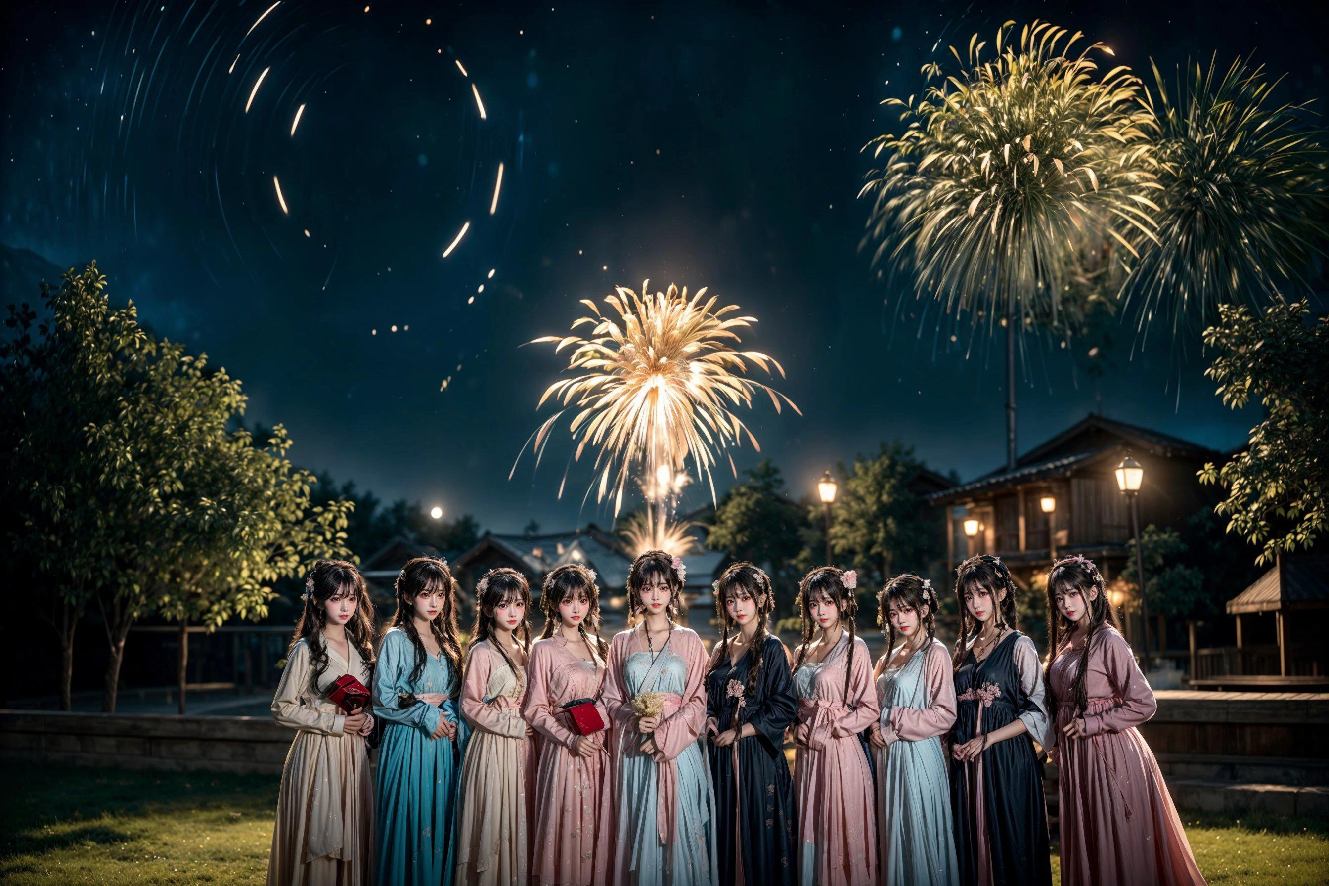 ((cloudy,cinematic lighting,bokeh )),
((multiple girls)),peach blossom,flowers,flower crown,
,
((sunset and night,star_trail),moon,meteor) BREAK ((cloudy,cinematic lighting,bokeh )),
((multiple girls)),peach blossom,flowers,flower crown,
,
fireworks,water and fire,( hard light:1.8),<lora:yuzuv10:0.5>,<lora:add_detail:0.2>,
((line up,standing,multiple girls,6+girls,looking at viewer,<lora:harem_4:0.1>)),