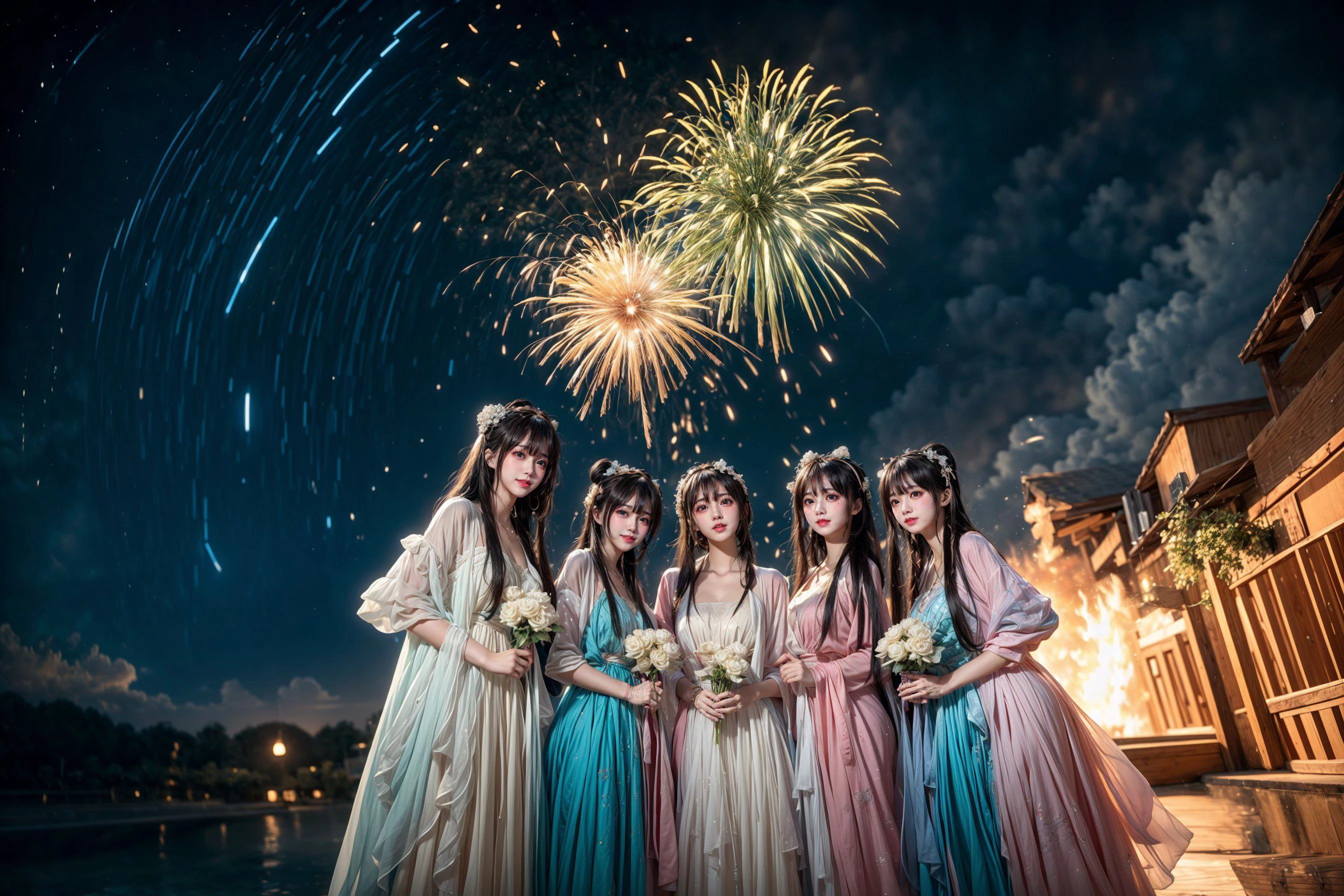 ((cloudy,cinematic lighting,bokeh )),
((multiple girls)),peach blossom,flowers,flower crown,
,
((sunset and night,star_trail),moon,meteor) BREAK ((cloudy,cinematic lighting,bokeh )),
((multiple girls)),peach blossom,flowers,flower crown,
,
fireworks,water and fire,( hard light:1.8),<lora:yuzuv10:0.5>,<lora:add_detail:0.2>,
((line up,standing,multiple girls,6+girls,looking at viewer,<lora:harem_4:0.1>)),