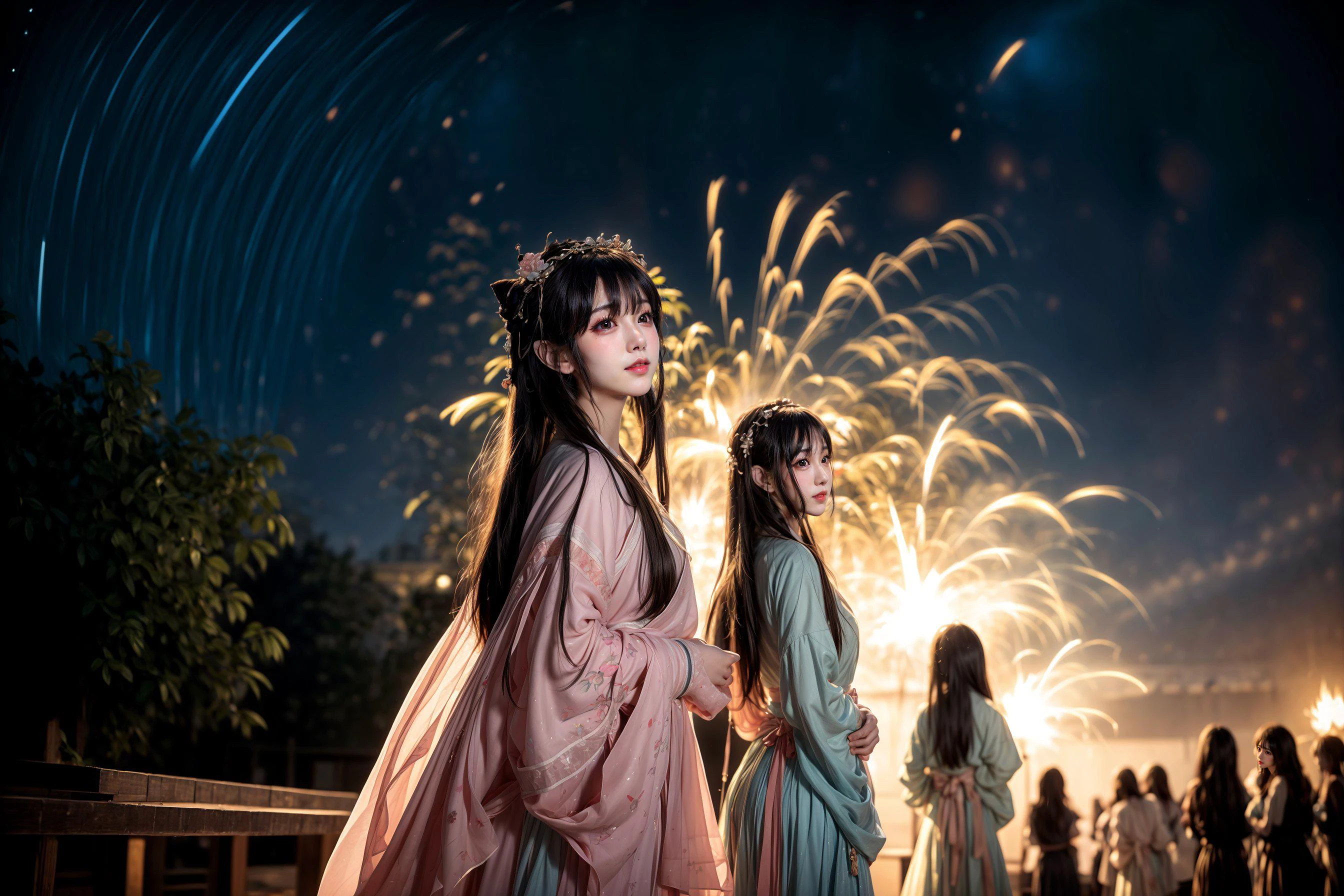 ((cloudy,cinematic lighting,bokeh )),
((multiple girls)),peach blossom,flowers,flower crown,
,
((sunset and night,star_trail),moon,meteor) BREAK ((cloudy,cinematic lighting,bokeh )),
((multiple girls)),peach blossom,flowers,flower crown,
,
fireworks,water and fire,( hard light:1.8),<lora:yuzuv10:0.5>,<lora:add_detail:0.2>,
((line up,standing,multiple girls,6+girls,looking at viewer,<lora:harem_4:0.1>)),