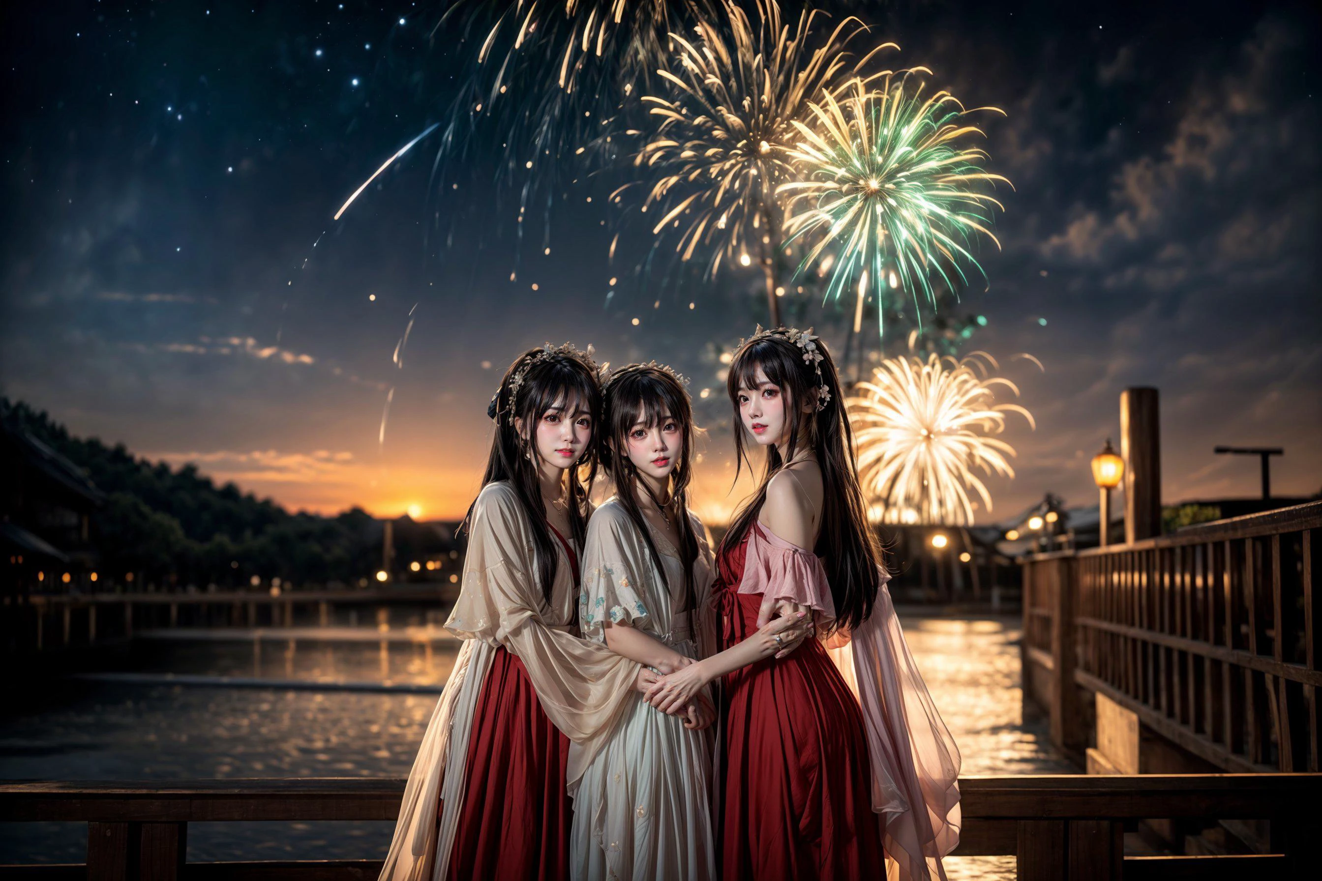 ((cloudy,cinematic lighting,bokeh )),
((multiple girls)),peach blossom,flowers,flower crown,
,
((sunset and night,star_trail),moon,meteor) BREAK ((cloudy,cinematic lighting,bokeh )),
((multiple girls)),peach blossom,flowers,flower crown,
,
fireworks,water and fire,( hard light:1.8),<lora:yuzuv10:0.5>,<lora:add_detail:0.2>,
((line up,standing,multiple girls,6+girls,looking at viewer,<lora:harem_4:0.1>)),