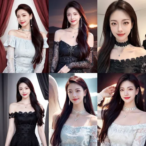 (otherworldly, otherworldly atmosphere, otherworldly appearance), highly insanely detailed, masterpiece, top quality, best quality, highres, 4k, 8k, RAW photo, (long_hair, long hair), collar, earrings, jewelry,
(random colors cloth, random colors hair, random long hair, dynamic hair, glowing hair),
long hair, eyelashes, eyeliner, makeup, hair over one eye,
(dynamic pose), (dynamic weather),
1girl, looking at viewer, upper body, looking at viewer, off shoulder, lace dress, lace trim, necklace, parted lips, mature female, breasts,
<lora:wlwl_v4-000007:0.687>,
(smiling at viewer), (fantasy world)